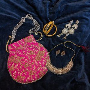 Jewelry accessories set Indian earrings, necklace, bangle, purse Good Condition
